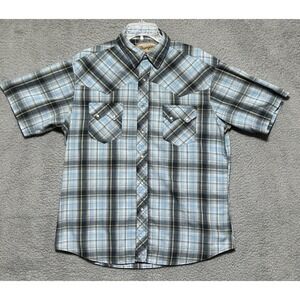 Vintage Wrangler Shirt L Short Sleeve Pearl Snap Blue Plaid Western Cowboy
